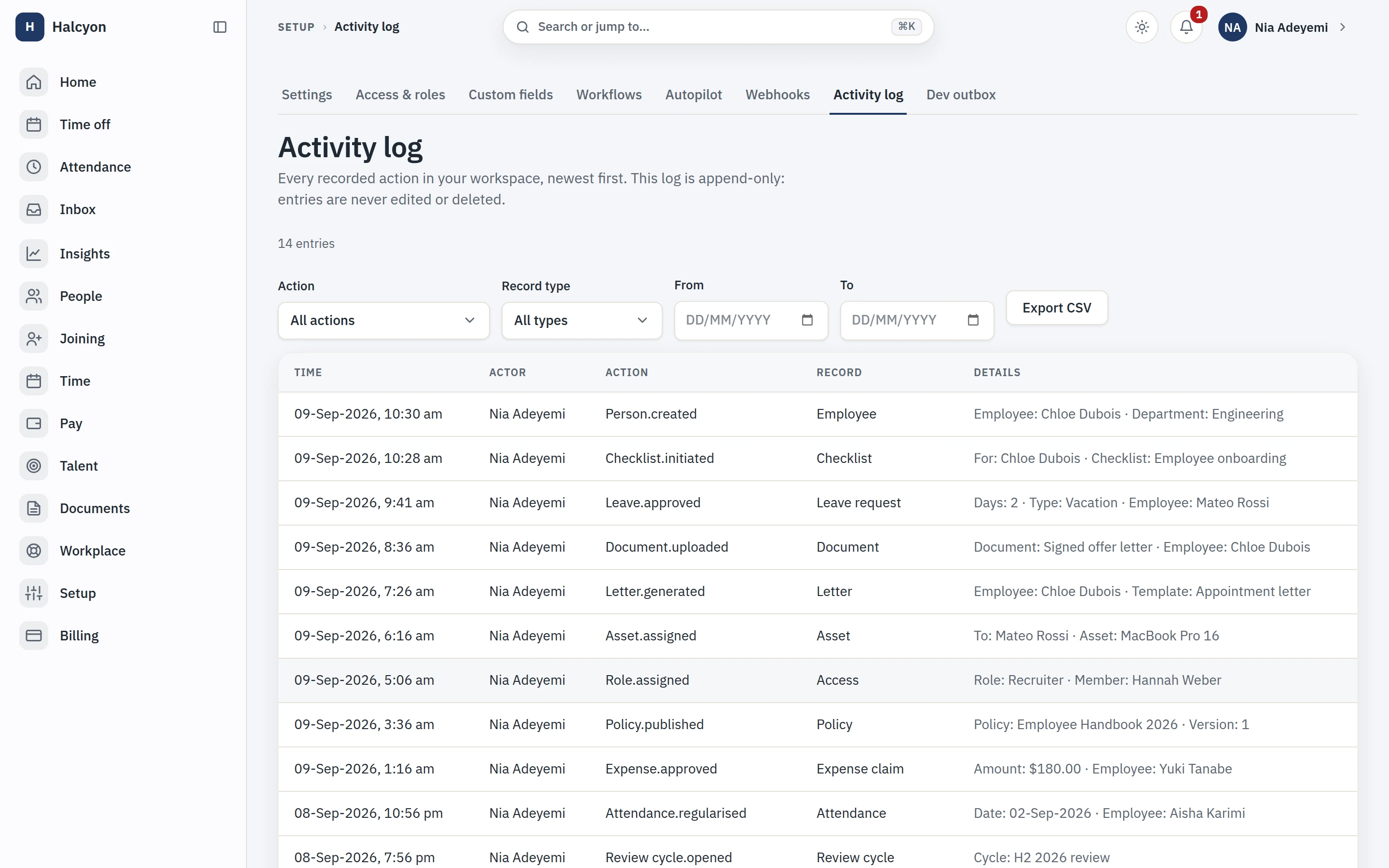 The tenant activity log, append only, filterable and exportable by an admin