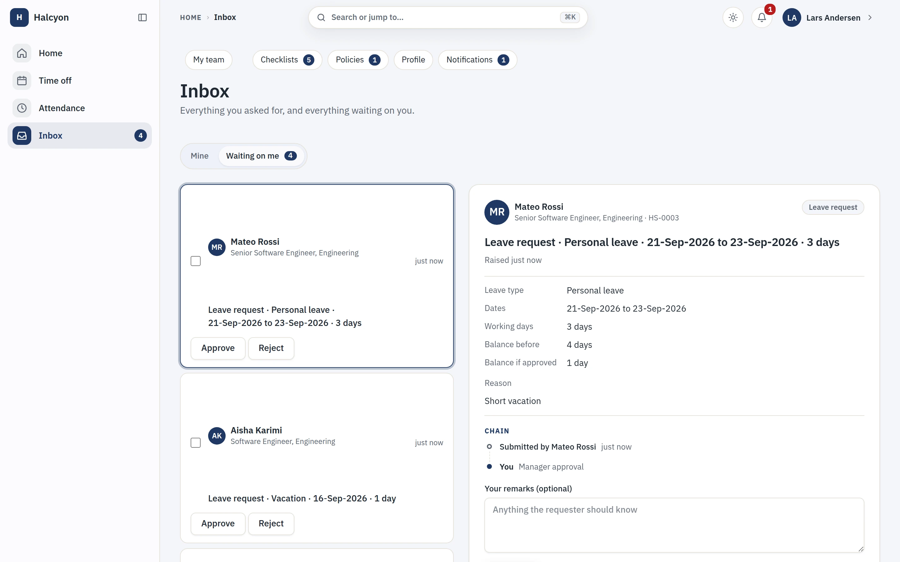 The approvals inbox, showing what is waiting on you and what each request is for