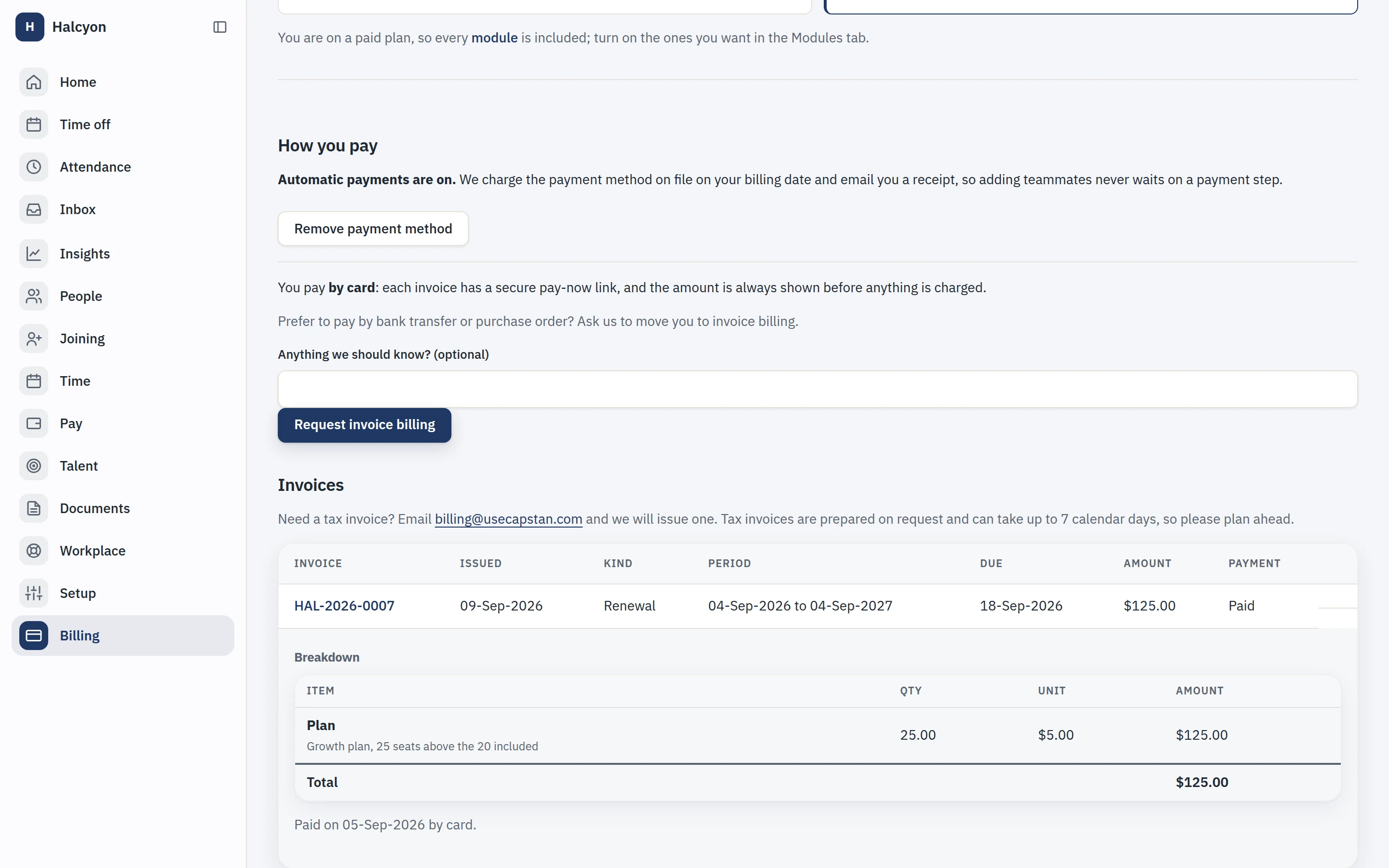 A workspace invoice: the per-seat plan charge, with every module listed at no charge