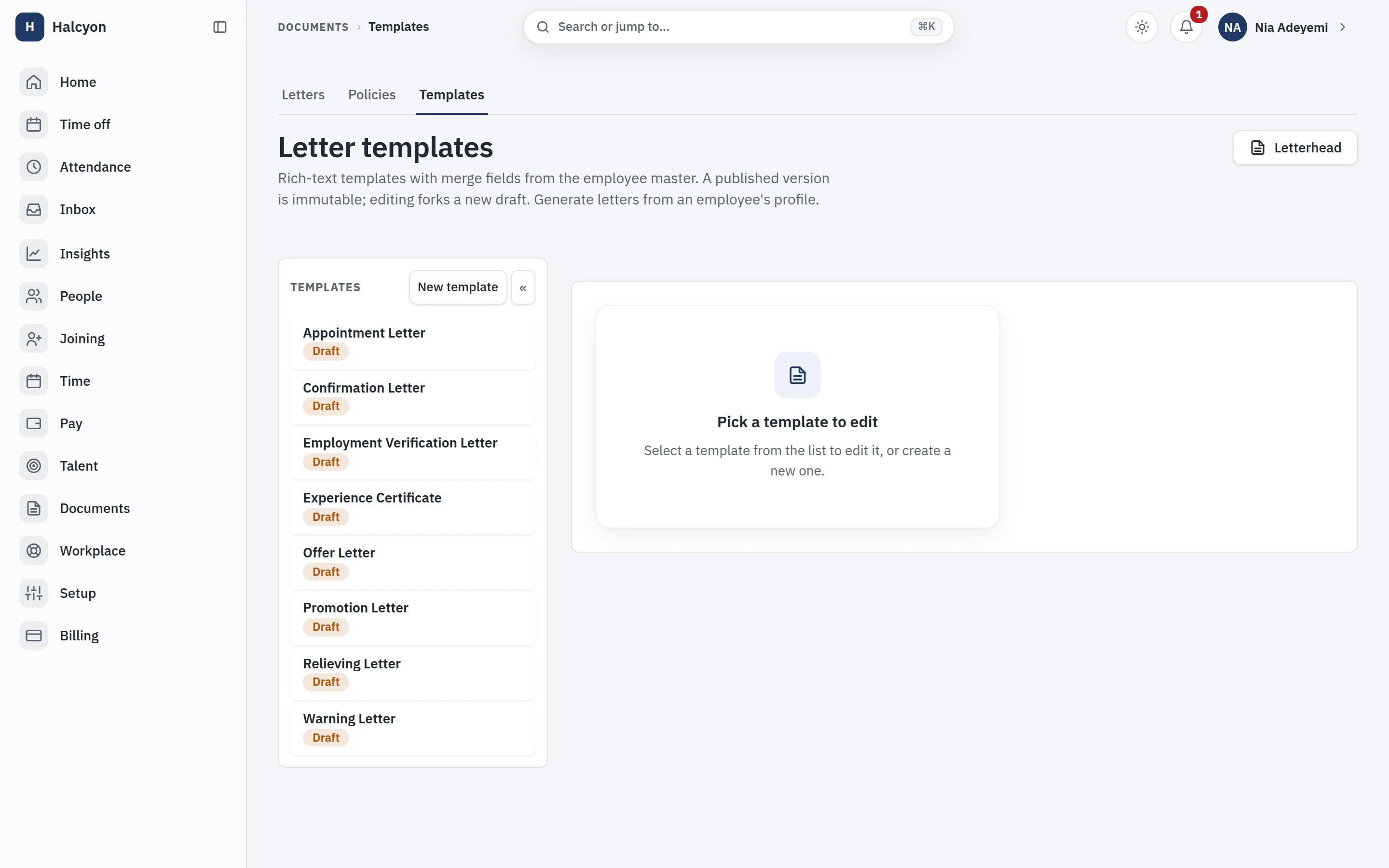 The letters area: templates for offer, appointment, verification and more, each built from merge fields on the employee record