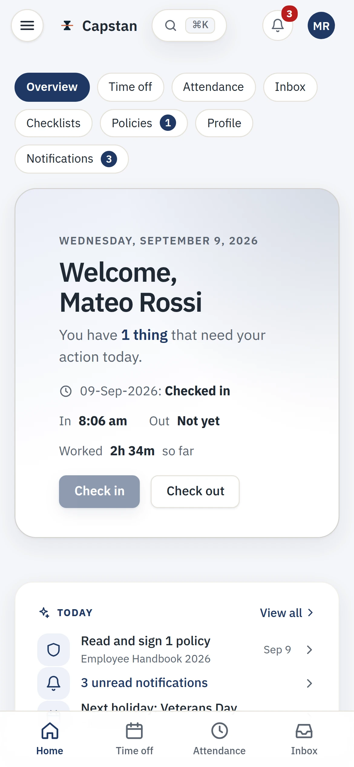 The employee app on a phone: a welcome, the checked-in state with hours worked so far, and today's tasks