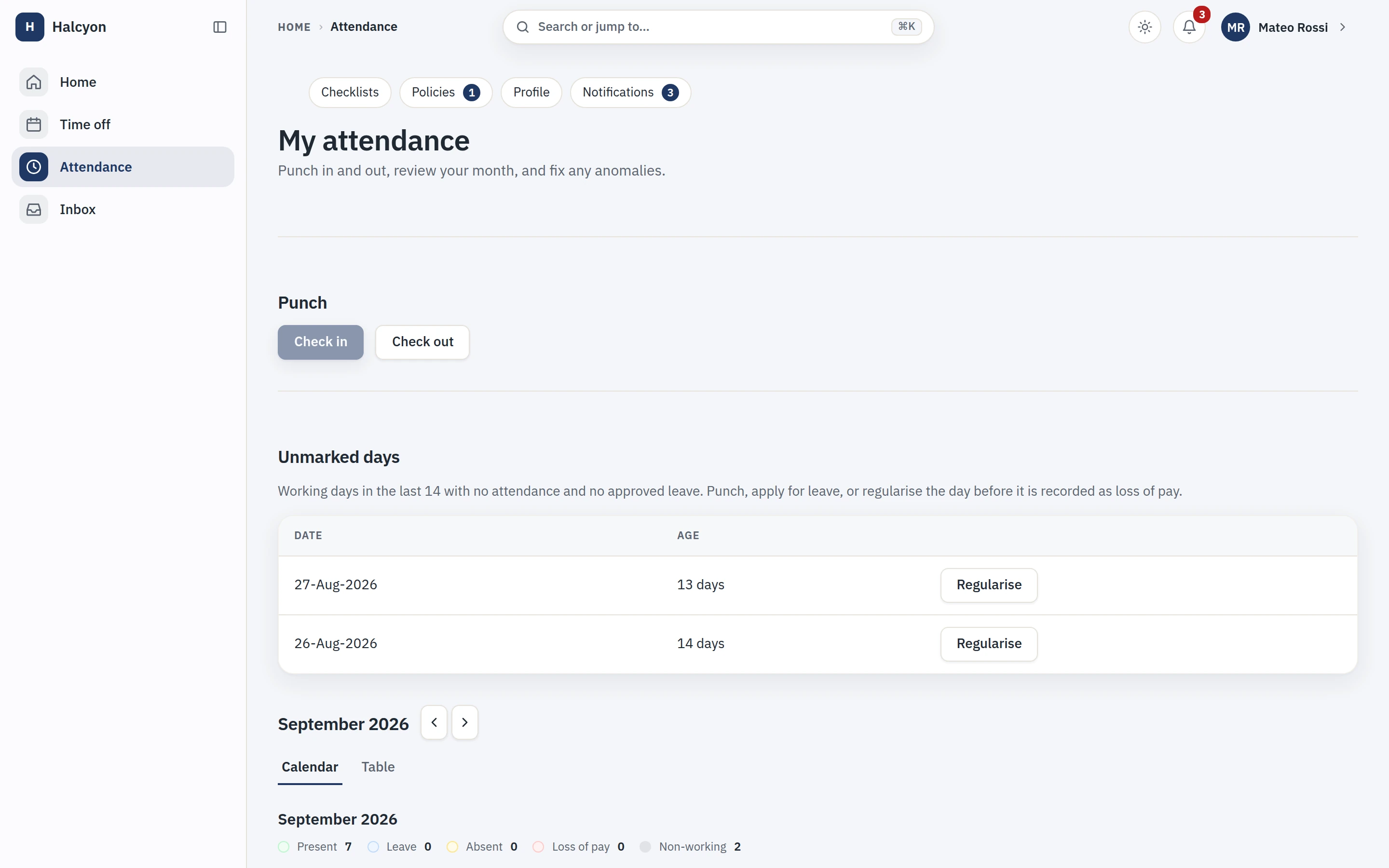 A month of attendance: the punch, unmarked days to fix, and a calendar marking present, on leave, absent and loss-of-pay days
