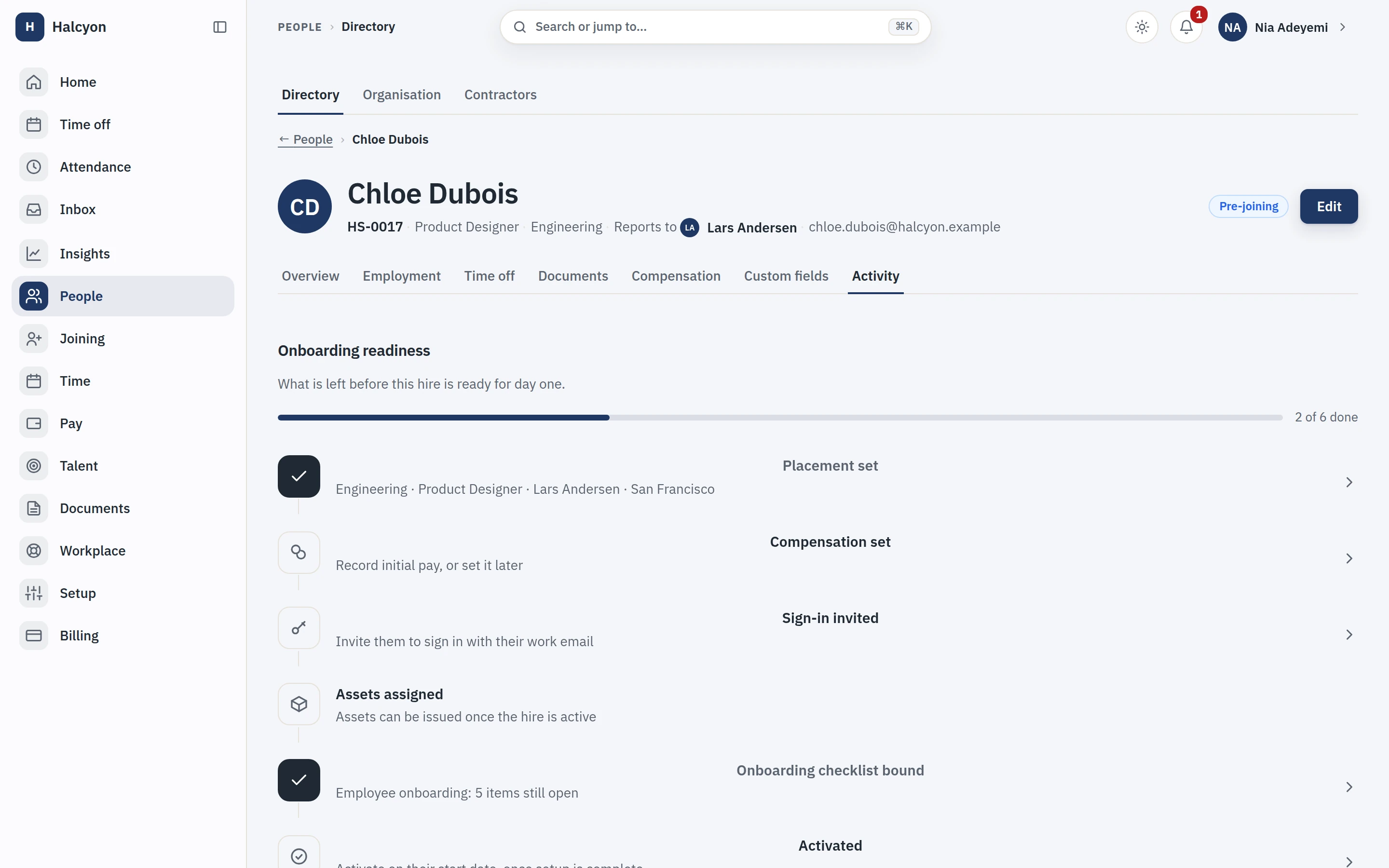 Onboarding readiness for a real pre-joiner, tracking what is left before day one against a live checklist