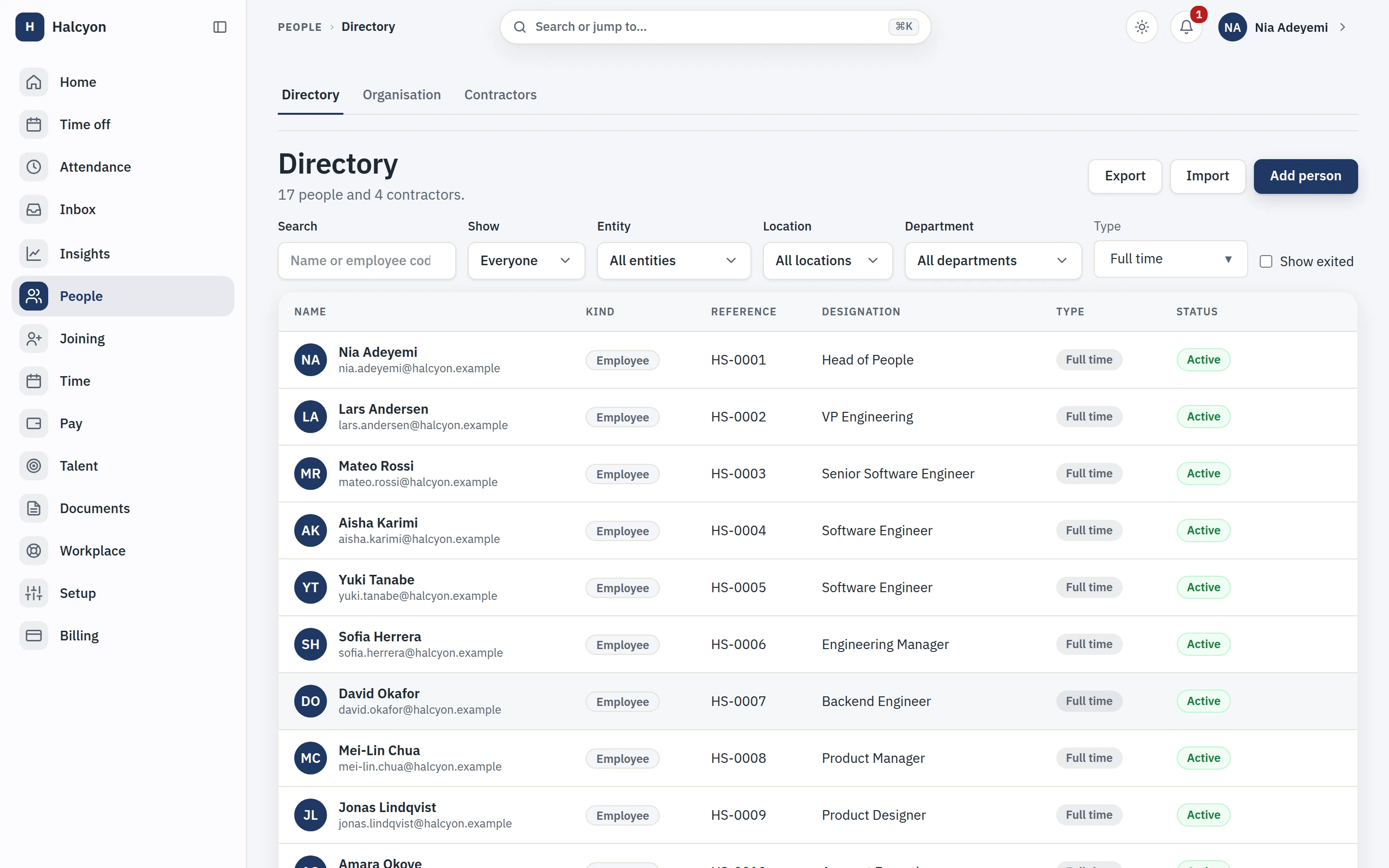 The people directory, filtered by entity, location and department, with employees and contractors in one list