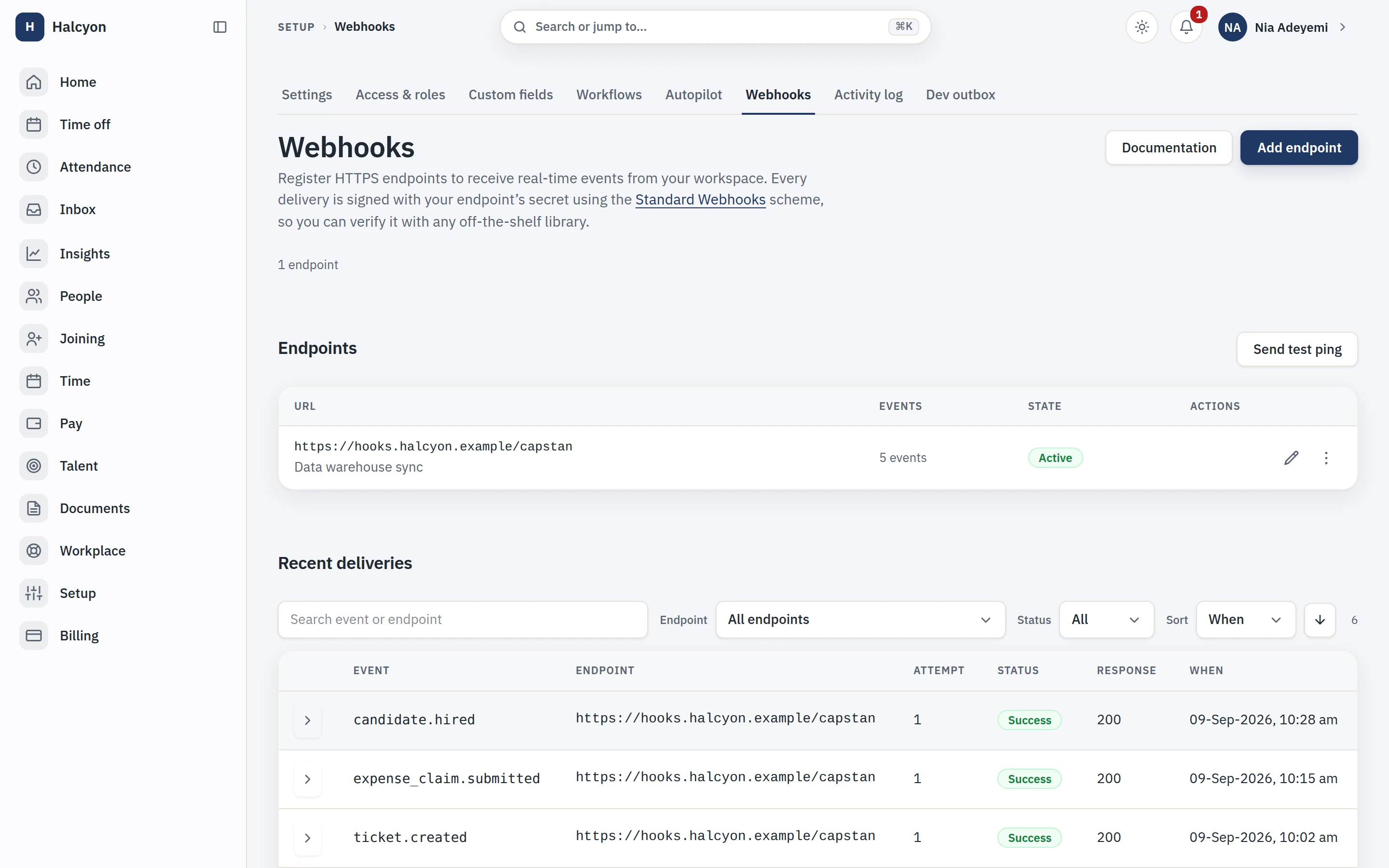 The per-attempt delivery log: every webhook with its attempts, status and redelivery, filterable by endpoint and status